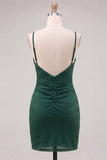 Dark Green Bodycon Ruched Spaghetti Straps Beaded Homecoming Dress with Slit