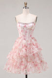 A-Line Pink Sweetheart Corset Tiered Ruffled Floral Cocktail Dress with Lace Up Back