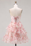 A-Line Pink Sweetheart Corset Tiered Ruffled Floral Cocktail Dress with Lace Up Back