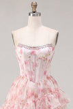 A-Line Pink Sweetheart Corset Tiered Ruffled Floral Cocktail Dress with Lace Up Back