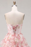 A-Line Pink Sweetheart Corset Tiered Ruffled Floral Cocktail Dress with Lace Up Back