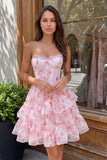 A-Line Pink Sweetheart Corset Tiered Ruffled Floral Cocktail Dress with Lace Up Back