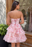 A-Line Pink Sweetheart Corset Tiered Ruffled Floral Cocktail Dress with Lace Up Back