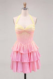 A-Line Yellow and Pink Halter Neck Corset Tiered Chiffon Cocktail Dress