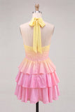 A-Line Yellow and Pink Halter Neck Corset Tiered Chiffon Cocktail Dress