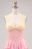 A-Line Yellow and Pink Halter Neck Corset Tiered Chiffon Cocktail Dress