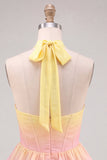 A-Line Yellow and Pink Halter Neck Corset Tiered Chiffon Cocktail Dress