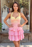 A-Line Yellow and Pink Halter Neck Corset Tiered Chiffon Cocktail Dress