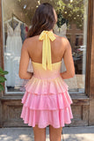 A-Line Yellow and Pink Halter Neck Corset Tiered Chiffon Cocktail Dress