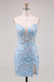 Sky Blue Sweetheart Corset Floral Appliqued Tight Cocktail Dress with Slit