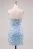 Sky Blue Sweetheart Corset Floral Appliqued Tight Cocktail Dress with Slit