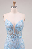 Sky Blue Sweetheart Corset Floral Appliqued Tight Cocktail Dress with Slit