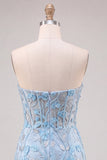 Sky Blue Sweetheart Corset Floral Appliqued Tight Cocktail Dress with Slit