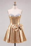 Gold Metallic Sweetheart A-Line Beaded Cocktail Dress with Bow