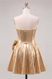 Gold Metallic Sweetheart A-Line Beaded Cocktail Dress with Bow
