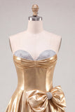 Gold Metallic Sweetheart A-Line Beaded Cocktail Dress with Bow