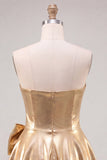 Gold Metallic Sweetheart A-Line Beaded Cocktail Dress with Bow