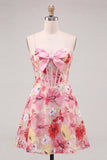 Pink Floral Corset A-Line Spaghetti Straps Lace Up Back Cocktail Dress with Bow