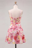 Pink Floral Corset A-Line Spaghetti Straps Lace Up Back Cocktail Dress with Bow
