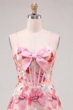 Pink Floral Corset A-Line Spaghetti Straps Lace Up Back Cocktail Dress with Bow