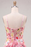 Pink Floral Corset A-Line Spaghetti Straps Lace Up Back Cocktail Dress with Bow