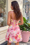 Pink Floral Corset A-Line Spaghetti Straps Lace Up Back Cocktail Dress with Bow