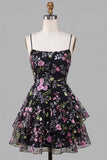 A-Line Black Spaghetti Straps Tiered Floral Lace Up Back Cocktail Dress with Sequins
