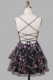 A-Line Black Spaghetti Straps Tiered Floral Lace Up Back Cocktail Dress with Sequins