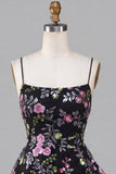A-Line Black Spaghetti Straps Tiered Floral Lace Up Back Cocktail Dress with Sequins