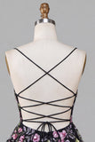 A-Line Black Spaghetti Straps Tiered Floral Lace Up Back Cocktail Dress with Sequins
