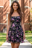 A-Line Black Spaghetti Straps Tiered Floral Lace Up Back Cocktail Dress with Sequins