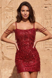 Cold Shoulder Dark Green Sequins Bodycon Short Homecoming Dress with Fringes