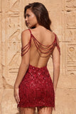 Cold Shoulder Dark Green Sequins Bodycon Short Homecoming Dress with Fringes