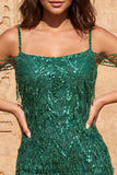 Cold Shoulder Dark Green Sequins Bodycon Short Homecoming Dress with Fringes