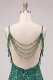 Cold Shoulder Dark Green Sequins Bodycon Short Homecoming Dress with Fringes