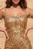 Cold Shoulder Dark Green Sequins Bodycon Short Homecoming Dress with Fringes