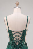 Dark Green Corset Bodycon Spaghetti Straps Floral Short Homecoming Dress with Lace Up Back