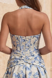 Light Blue A-Line Halter Neck Jacquard Floral Corset Homecoming Dress