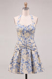 Light Blue A-Line Halter Neck Jacquard Floral Corset Homecoming Dress