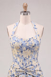 Light Blue A-Line Halter Neck Jacquard Floral Corset Homecoming Dress