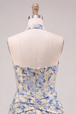 Light Blue A-Line Halter Neck Jacquard Floral Corset Homecoming Dress