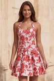 Light Blue A-Line Halter Neck Jacquard Floral Corset Homecoming Dress
