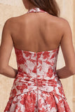 Light Blue A-Line Halter Neck Jacquard Floral Corset Homecoming Dress