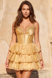 A-Line Gold Corset Tiered Beaded Short Homecoming Dress with Lace Up Back