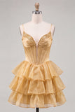 A-Line Gold Corset Tiered Beaded Short Homecoming Dress with Lace Up Back