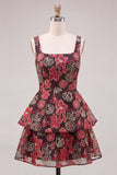 Red Flower Square Neck Tiered A-Line Short Homecoming Dress