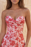 Sweetheart Red Corset Bodycon Floral Ruched Short Homecoming Dress