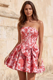 Red A-Line Strapless Corset Jacquard Floral Homecoming Dress with Bow