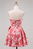 Red A-Line Strapless Corset Jacquard Floral Homecoming Dress with Bow