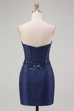 Navy Sweetheart Corset Bodycon Floral Sequins Satin Short Homecoming Dress